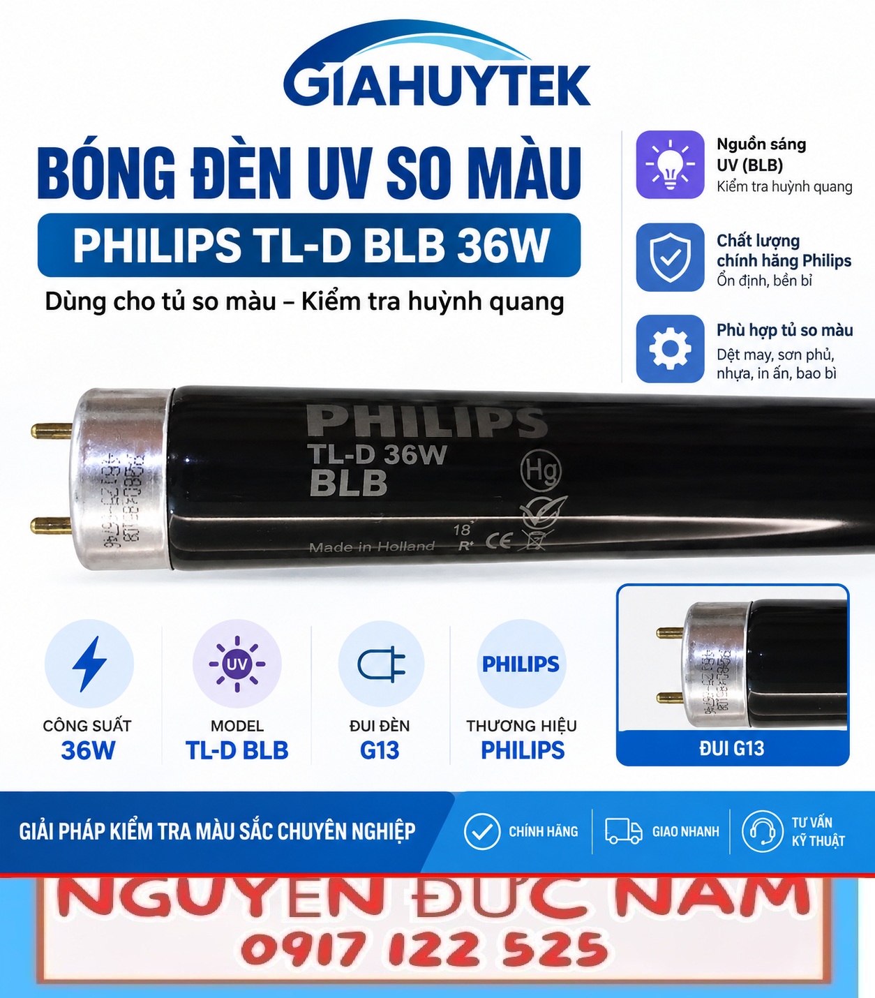 Bóng đèn UV Philips TL-D BLB 36W đui G13 dùng cho tủ so màu 3nh và kiểm tra huỳnh quang